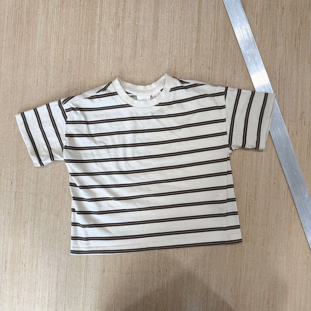 ZARA Kids Cream Brown Striped T-Shirt 5Y | Minimalist Neutral Tee